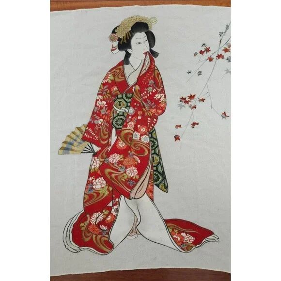 Vintage Japanese Scarf Geisha Kimono Art Print Red Gold Ivory Japan Size 28x 26